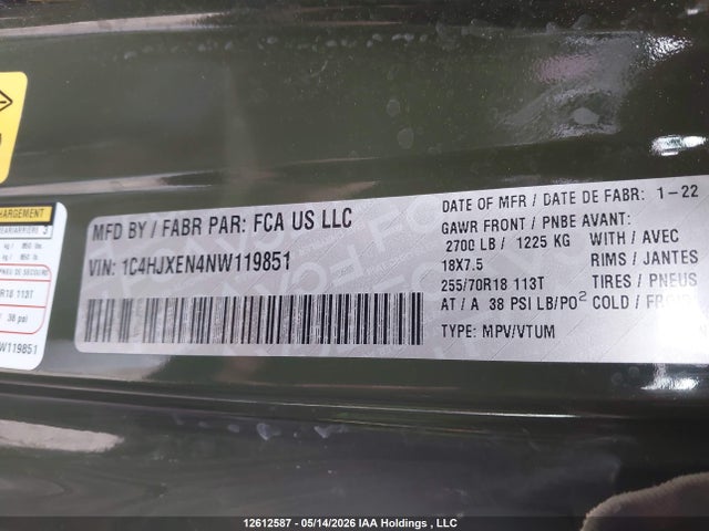 Продаж на аукціоні авто 2022 Jeep Wrangler Unlimited Sahara, vin: 1C4HJXEN4NW119851, номер лоту: 12612587