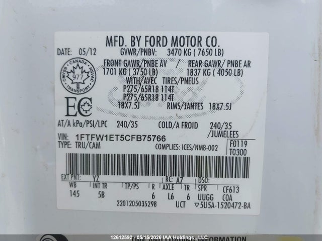 Продажа на аукционе авто 2012 Ford F-150 Fx4, vin: 1FTFW1ET5CFB75766, номер лота: 12612592