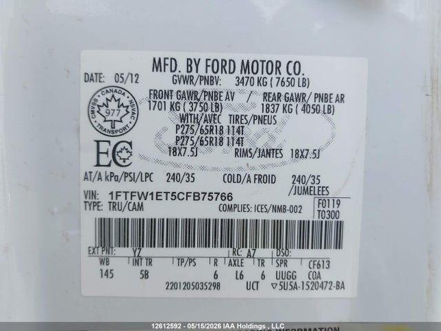 Продажа на аукционе авто 2012 Ford F-150 Fx4, vin: 1FTFW1ET5CFB75766, номер лота: 12612592