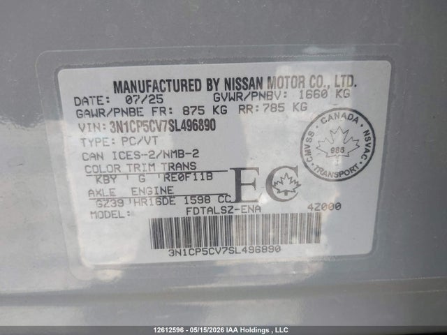 Aukcja sprzedaży 2025 Nissan Kicks Play Sv, vin: 3N1CP5CV7SL496890, numer aukcji: 12612596