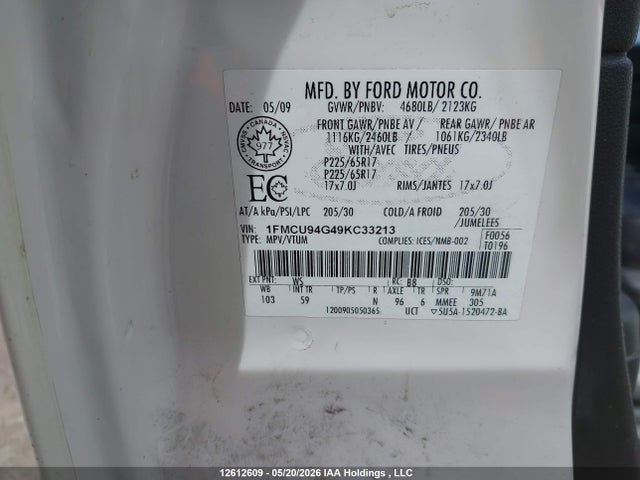 2009 Ford Escape Limited მანქანა იყიდება აუქციონზე, vin: 1FMCU94G49KC33213, აუქციონის ნომერი: 12612609