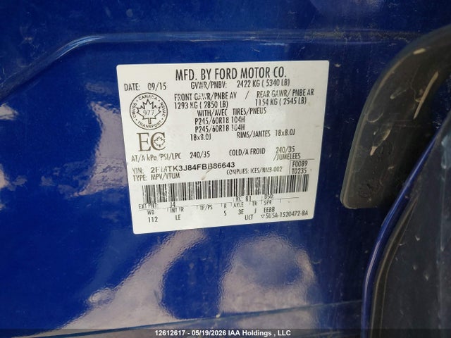 12612617 :رقم المزاد ، 2FMTK3J84FBB86643 vin ، 2015 Ford Edge Sel مزاد بيع