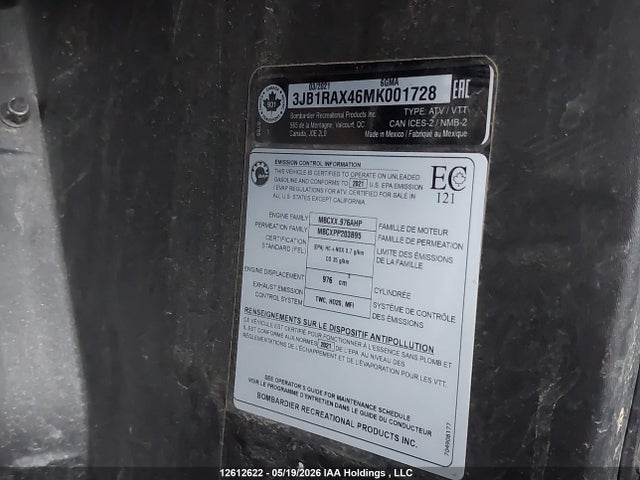 Aukcja sprzedaży 2021 Can-am Commander Xt 1000r, vin: 3JB1RAX46MK001728, numer aukcji: 12612622