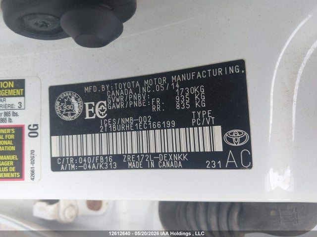 Aukcja sprzedaży 2014 Toyota Corolla L/le/le Pls/prm/s/s Pls, vin: 2T1BURHE1EC166199, numer aukcji: 12612640