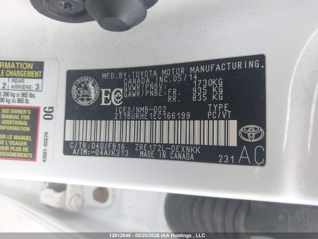 Aukcja sprzedaży 2014 Toyota Corolla L/le/le Pls/prm/s/s Pls, vin: 2T1BURHE1EC166199, numer aukcji: 12612640