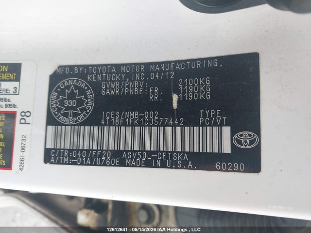 12612641 :رقم المزاد ، 4T1BF1FK1CU577442 vin ، 2012 Toyota Camry Se مزاد بيع