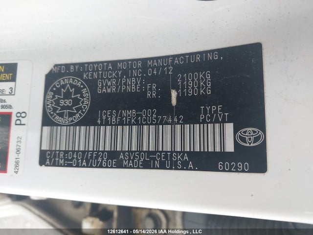 12612641 :رقم المزاد ، 4T1BF1FK1CU577442 vin ، 2012 Toyota Camry Se مزاد بيع