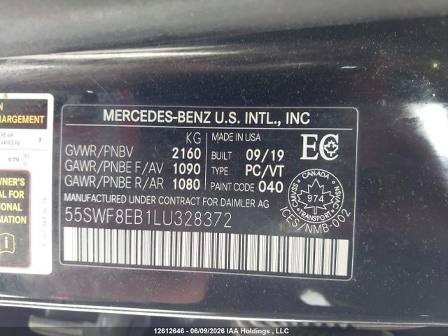 Aukcja sprzedaży 2020 Mercedes-benz C 300 4matic, vin: 55SWF8EB1LU328372, numer aukcji: 12612646