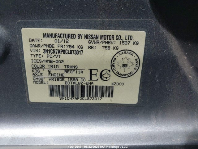 12612647 :رقم المزاد ، 3N1CN7AP0CL873017 vin ، 2012 Nissan Versa مزاد بيع