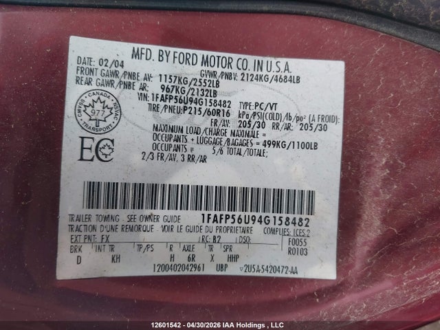 Продажа на аукционе авто 2004 Ford Taurus Sel, vin: 1FAFP56U94G158482, номер лота: 12601542