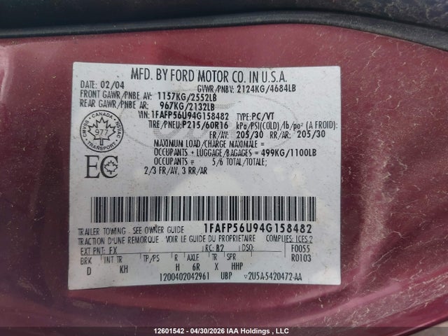 Продажа на аукционе авто 2004 Ford Taurus Sel, vin: 1FAFP56U94G158482, номер лота: 12601542