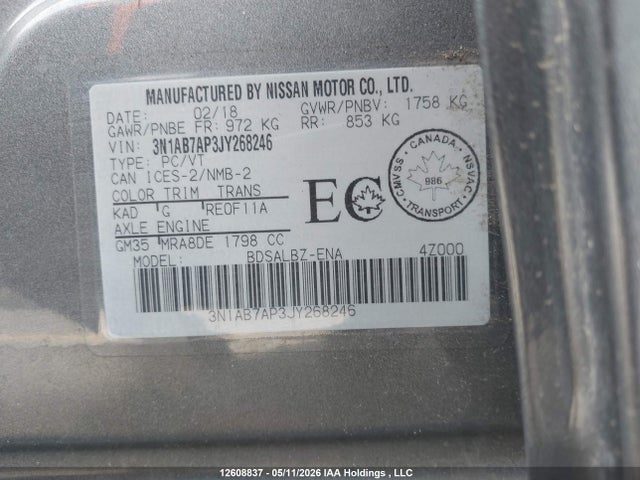 3N1AB7AP3JY268246 Nissan Sentra 1.8 S/1.8 Sv/1.8 Sv Midnight Edition