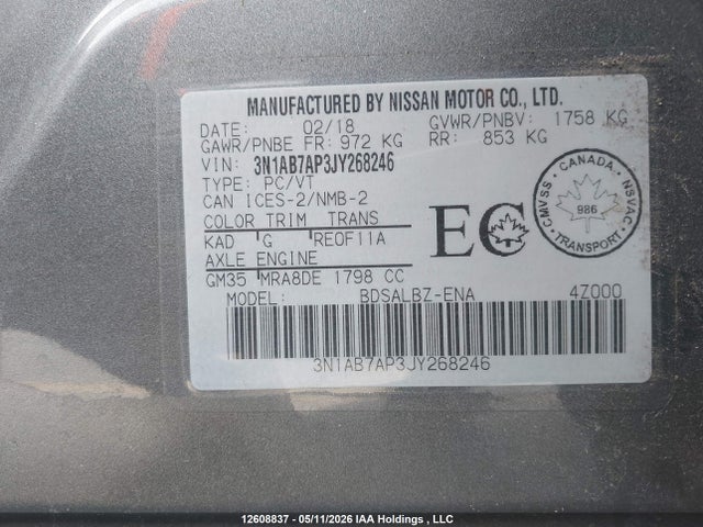 3N1AB7AP3JY268246 Nissan Sentra 1.8 S/1.8 Sv/1.8 Sv Midnight Edition