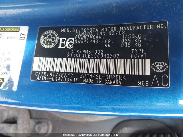 12609839 :رقم المزاد ، 2T1KU40E39C013702 vin ، 2009 Toyota Matrix مزاد بيع