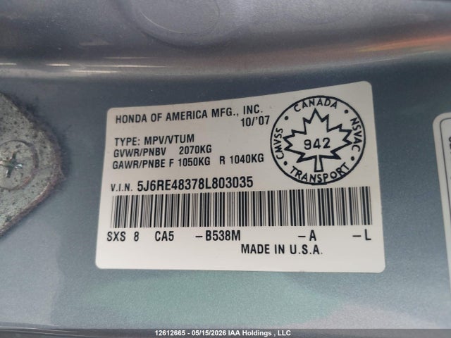 12612665 :رقم المزاد ، 5J6RE48378L803035 vin ، 2008 Honda Cr-v Lx مزاد بيع