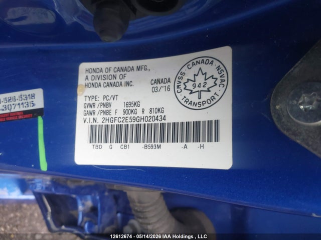 12612674 :رقم المزاد ، 2HGFC2E59GH020434 vin ، 2016 Honda Civic Lx مزاد بيع