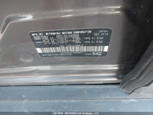 2019 Mitsubishi Outlander Es მანქანა იყიდება აუქციონზე, vin: JA4AZ2A31KZ606611, აუქციონის ნომერი: 12612676