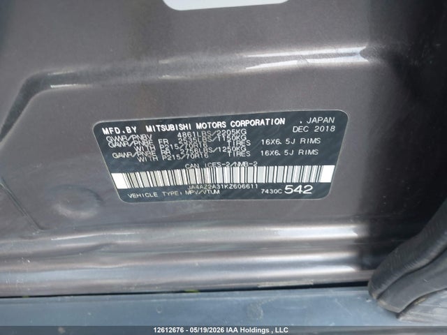 2019 Mitsubishi Outlander Es მანქანა იყიდება აუქციონზე, vin: JA4AZ2A31KZ606611, აუქციონის ნომერი: 12612676