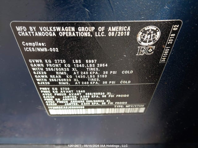 2018 Volkswagen Atlas Sel Premium მანქანა იყიდება აუქციონზე, vin: 1V2NR2CA3JC593086, აუქციონის ნომერი: 12612677