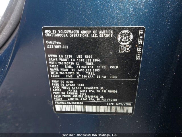 2018 Volkswagen Atlas Sel Premium მანქანა იყიდება აუქციონზე, vin: 1V2NR2CA3JC593086, აუქციონის ნომერი: 12612677
