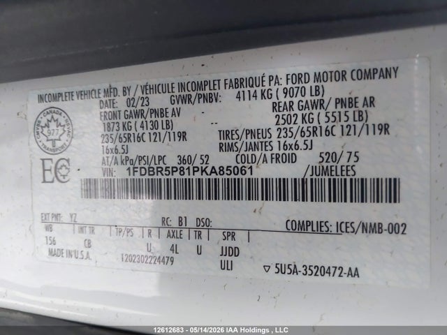 Продаж на аукціоні авто 2023 Ford Transit T-250, vin: 1FDBR5P81PKA85061, номер лоту: 12612683