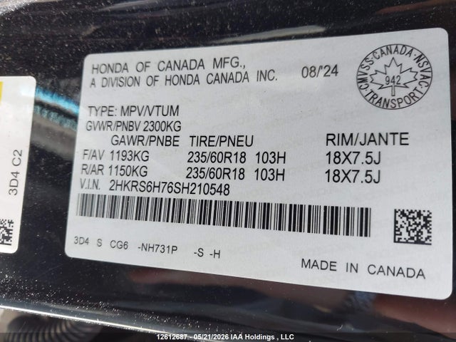 12612687 :رقم المزاد ، 2HKRS6H76SH210548 vin ، 2025 Honda Cr-v Ex-l Hybrid مزاد بيع