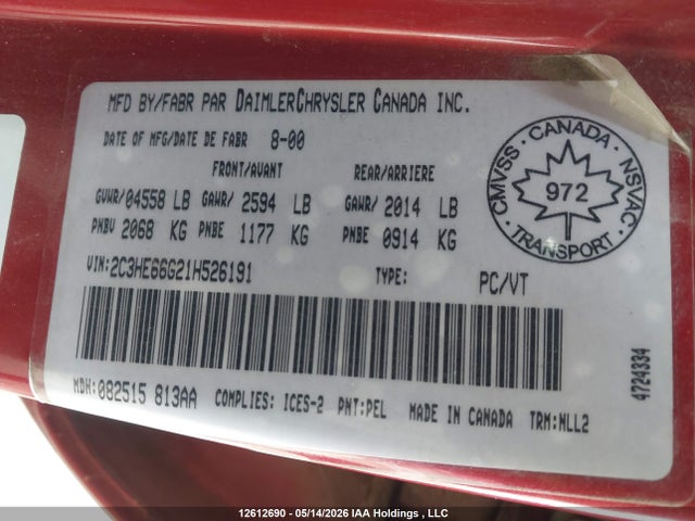 12612690 :رقم المزاد ، 2C3HE66G21H526191 vin ، 2001 Chrysler 300m مزاد بيع