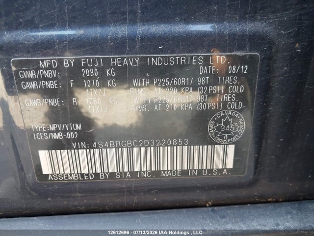 12612696 :رقم المزاد ، 4S4BRGBC2D3220853 vin ، 2013 Subaru Legacy Outback مزاد بيع