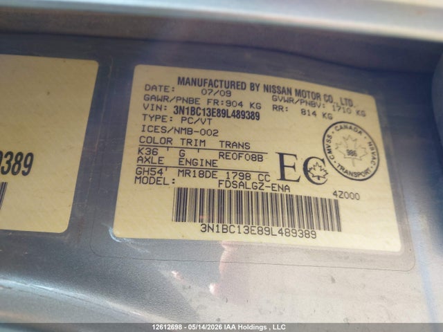 Aukcja sprzedaży 2009 Nissan Versa 1.8sl, vin: 3N1BC13E89L489389, numer aukcji: 12612698