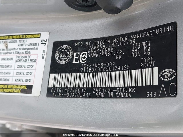 2009 Toyota Corolla S/le/xle მანქანა იყიდება აუქციონზე, vin: 2T1BU40E69C174125, აუქციონის ნომერი: 12612700