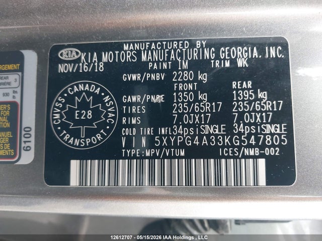 5XYPG4A33KG547805 KIA Sorento 2.4l Lx