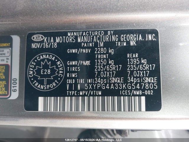 5XYPG4A33KG547805 KIA Sorento 2.4l Lx