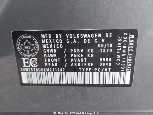 Продаж на аукціоні авто 2019 Volkswagen Jetta Sel, vin: 3VWE57BU6KM211247, номер лоту: 12612709