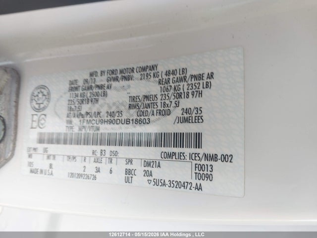 Aukcja sprzedaży 2013 Ford Escape Sel, vin: 1FMCU9H90DUB18603, numer aukcji: 12612714