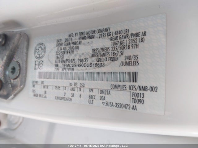 Aukcja sprzedaży 2013 Ford Escape Sel, vin: 1FMCU9H90DUB18603, numer aukcji: 12612714