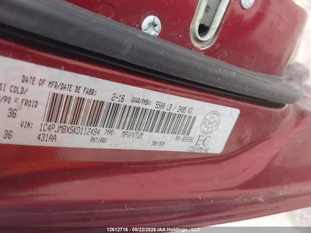 12612716 :رقم المزاد ، 1C4PJMBX5KD112494 vin ، 2019 Jeep Cherokee مزاد بيع
