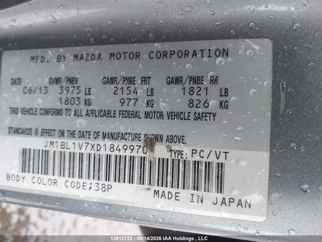 12612722 :رقم المزاد ، JM1BL1V7XD1849970 vin ، 2013 Mazda 3 I مزاد بيع