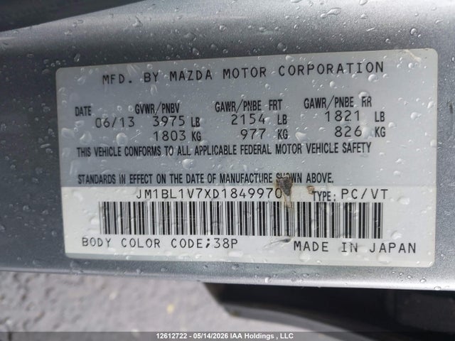 12612722 :رقم المزاد ، JM1BL1V7XD1849970 vin ، 2013 Mazda 3 I مزاد بيع