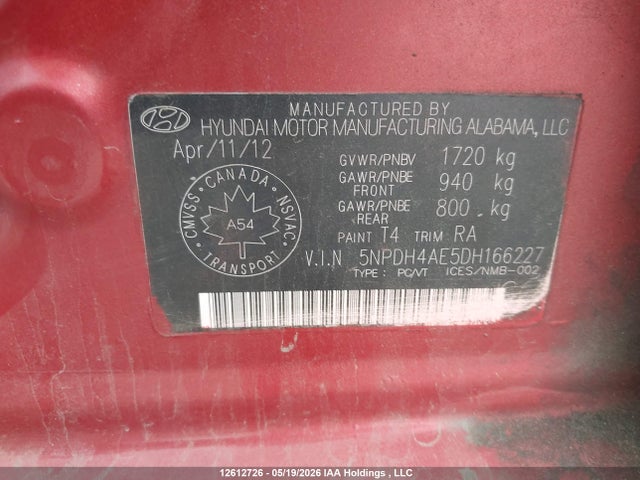 Aukcja sprzedaży 2013 Hyundai Elantra Gl, vin: 5NPDH4AE5DH166227, numer aukcji: 12612726