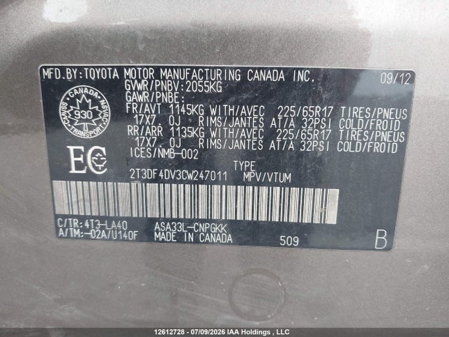 12612728 :رقم المزاد ، 2T3DF4DV3CW247011 vin ، 2012 Toyota Rav4 مزاد بيع