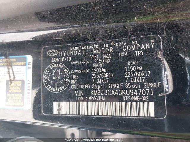 2019 Hyundai Tucson Preferred მანქანა იყიდება აუქციონზე, vin: KM8J3CA43KU947071, აუქციონის ნომერი: 12612729