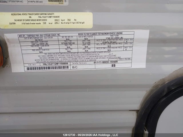 Продаж на аукціоні авто 2021 Gulf Stream Gulf Stream.., vin: 1NL1G2112M1150608, номер лоту: 12612730