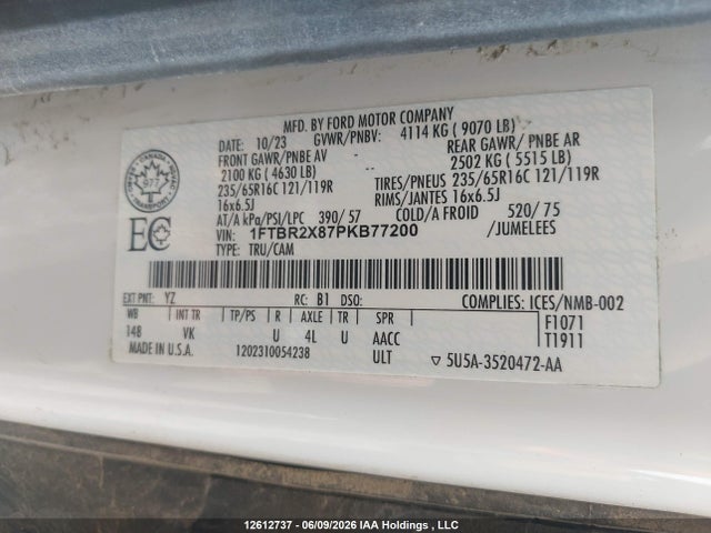 12612737 :رقم المزاد ، 1FTBR2X87PKB77200 vin ، 2023 Ford Transit T-250 مزاد بيع