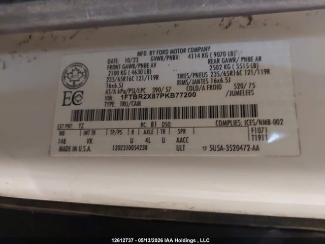 12612737 :رقم المزاد ، 1FTBR2X87PKB77200 vin ، 2023 Ford Transit T-250 مزاد بيع