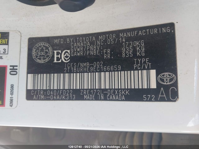 Продажа на аукционе авто 2014 Toyota Corolla L/le/le Pls/prm/s/s Pls, vin: 2T1BURHE9EC166659, номер лота: 12612740