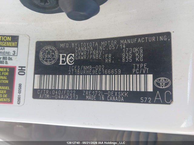 Продажа на аукционе авто 2014 Toyota Corolla L/le/le Pls/prm/s/s Pls, vin: 2T1BURHE9EC166659, номер лота: 12612740