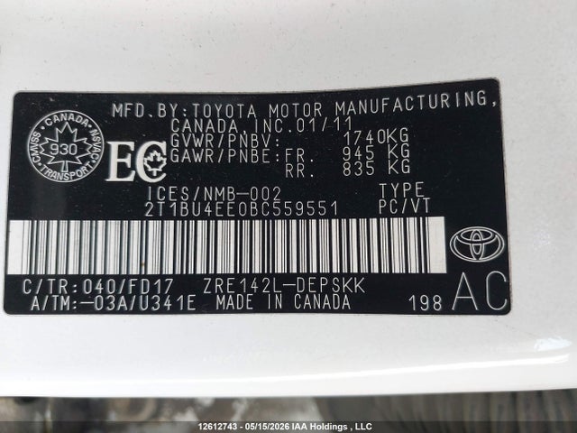 Продажа на аукционе авто 2011 Toyota Corolla, vin: 2T1BU4EE0BC559551, номер лота: 12612743