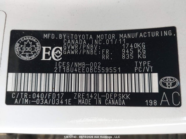 Продажа на аукционе авто 2011 Toyota Corolla, vin: 2T1BU4EE0BC559551, номер лота: 12612743
