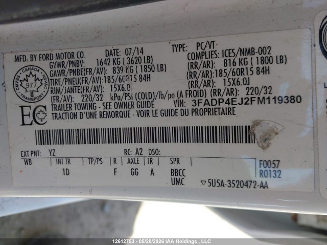 Aukcja sprzedaży 2015 Ford Fiesta Se, vin: 3FADP4EJ2FM119380, numer aukcji: 12612753