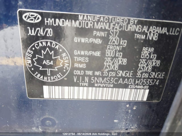 2020 Hyundai Santa Fe მანქანა იყიდება აუქციონზე, vin: 5NMS3CAA0LH253574, აუქციონის ნომერი: 12612754
